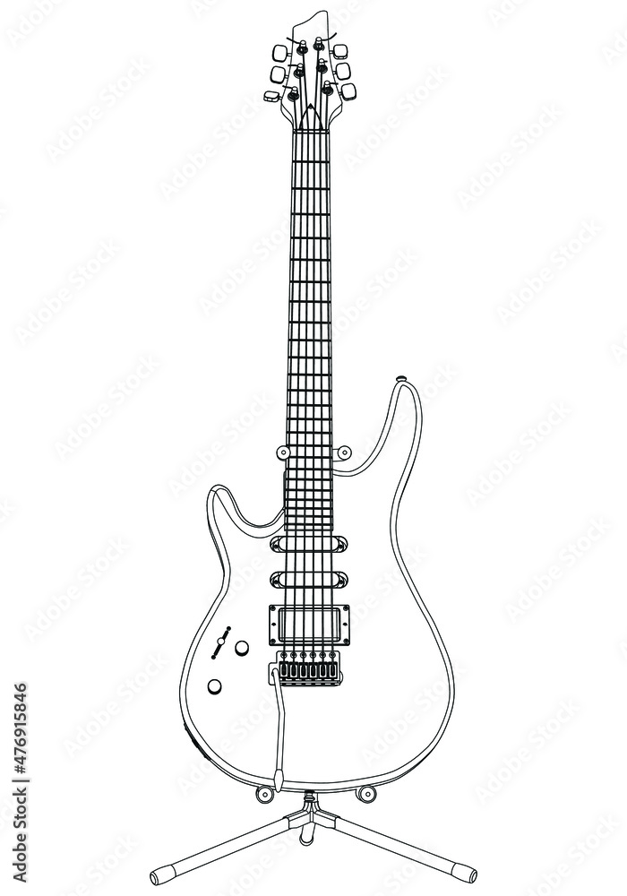 Fototapeta premium Classical guitar outline vector illustration. String plucked musical instrument. Blues or rock equipment. Isolated on white background