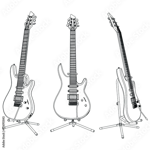 Classical guitar outline vector illustration. String plucked musical instrument. Blues or rock equipment. Isolated on white background