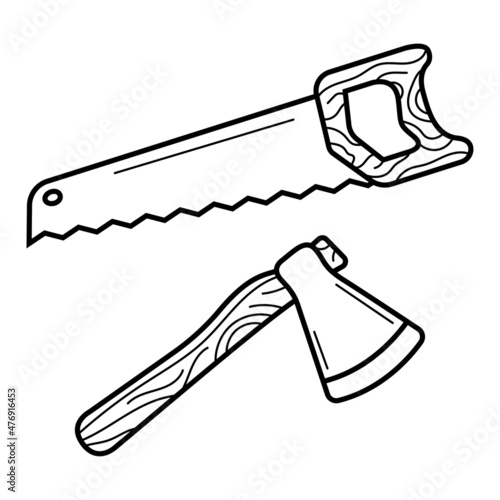 Saw and ax. Hand drawn icon in sketch doodle style. Isolated vector illustration.