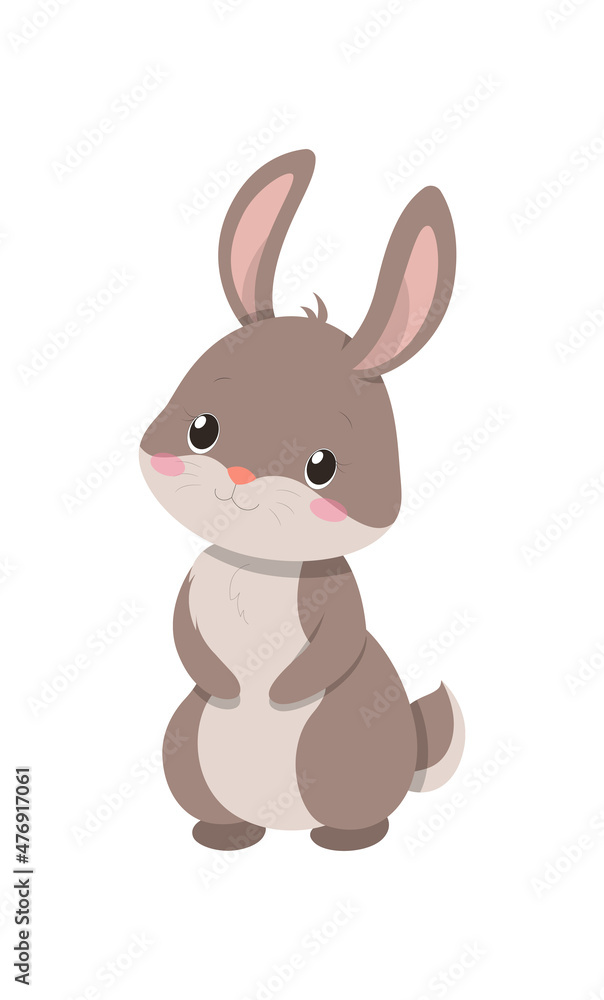 Fototapeta premium Cute bunny standing. Stickers and badges for children with rabbit. Character listening to something with enthusiasm. Charming animal. Cartoon flat vector illustration isolated on white background