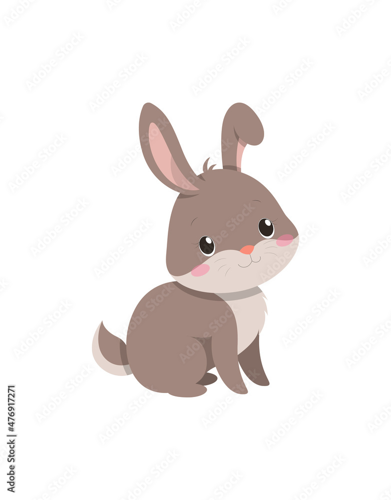 Small bunny sitting. Stickers and badges for children with rabbit. Cute and charming character looks up. Kid animal, mammal, forest. Cartoon flat vector illustration isolated on white background Small bunny sitting. Stickers and badges for children with rabbit. Cute and charming character looks up. Kid animal, mammal, forest. Cartoon flat vector illustration isolated on white background