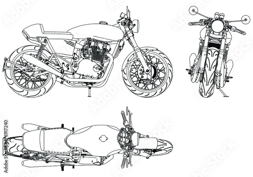 Motorcycle vector illustration coloring page for adults for drawing books. Line art picture. Graphic element. Black contour sketch illustrate Isolated on white background