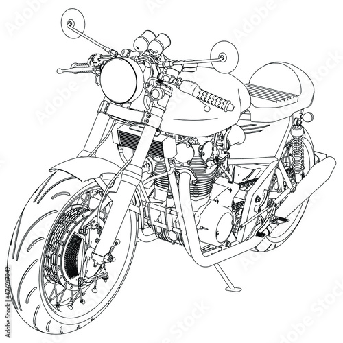Motorcycle vector illustration coloring page for adults for drawing books. Line art picture. Graphic element. Black contour sketch illustrate Isolated on white background