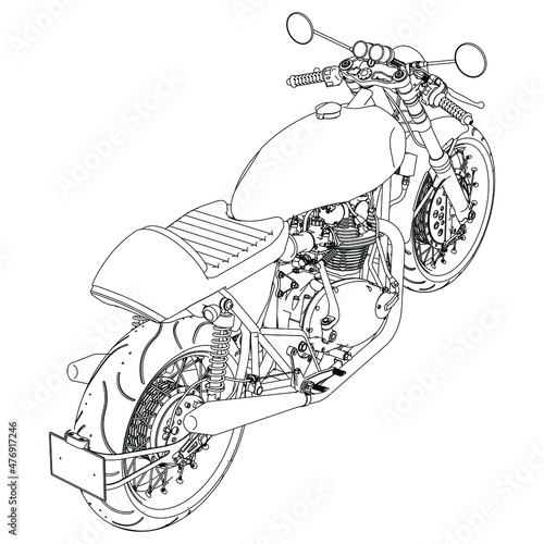 Motorcycle vector illustration coloring page for adults for drawing books. Line art picture. Graphic element. Black contour sketch illustrate Isolated on white background photo