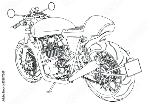 Motorcycle vector illustration coloring page for adults for drawing books. Line art picture. Graphic element. Black contour sketch illustrate Isolated on white background