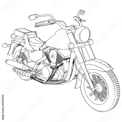 Motorcycle vector illustration coloring page for adults for drawing books. Line art picture. Graphic element. Black contour sketch illustrate Isolated on white background