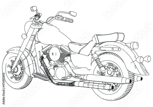 Motorcycle vector illustration coloring page for adults for drawing books. Line art picture. Graphic element. Black contour sketch illustrate Isolated on white background
