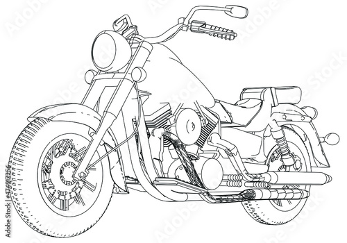 Motorcycle vector illustration coloring page for adults for drawing books. Line art picture. Graphic element. Black contour sketch illustrate Isolated on white background