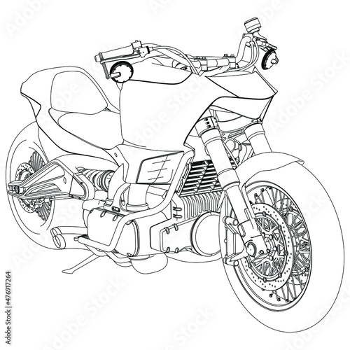 Motorcycle vector illustration coloring page for adults for drawing books. Line art picture. Graphic element. Black contour sketch illustrate Isolated on white background