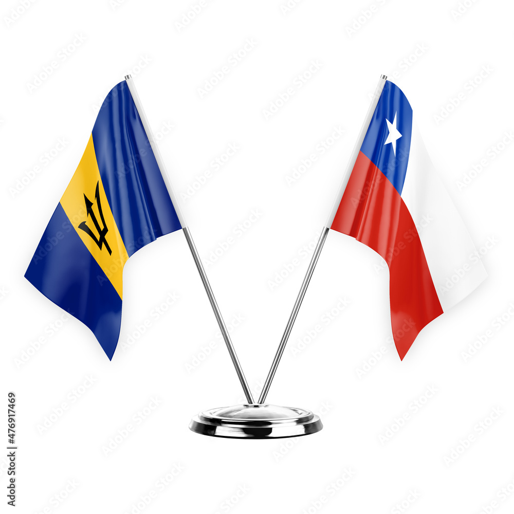 Two table flags isolated on white background 3d illustration, barbados and chile Two table flags isolated on white background 3d illustration, barbados and chile