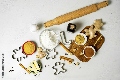 Gingerbread ingredients and accessories for making ginger dough.