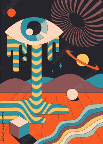 Abstraction bright psychodelic cover. Old hippie style pictures. Retro banners and posters. Stylish site design, eyes and sprawling geometric shapes, shadows. Cartoon volumetric vector illustration