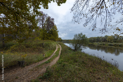 Dirt road along the river bank. Cloudy autumn weather. Rural landscape with road, river and autumn forest.