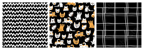 Set of abstract zigzag lines, cats and dogs animals hand drawn childish seamless patterns. Vector black white yellow illustrations