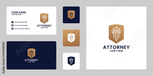 golden lawyer, attorney logo design. sword pillar with shield combination
