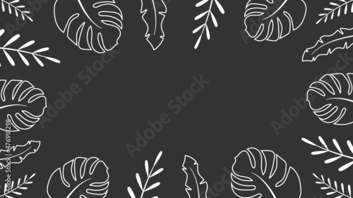 Frame ornament from tropical leaves background. White jungle plants around edges with white space in center. Summer abstract doodle banner with botanical vector decor