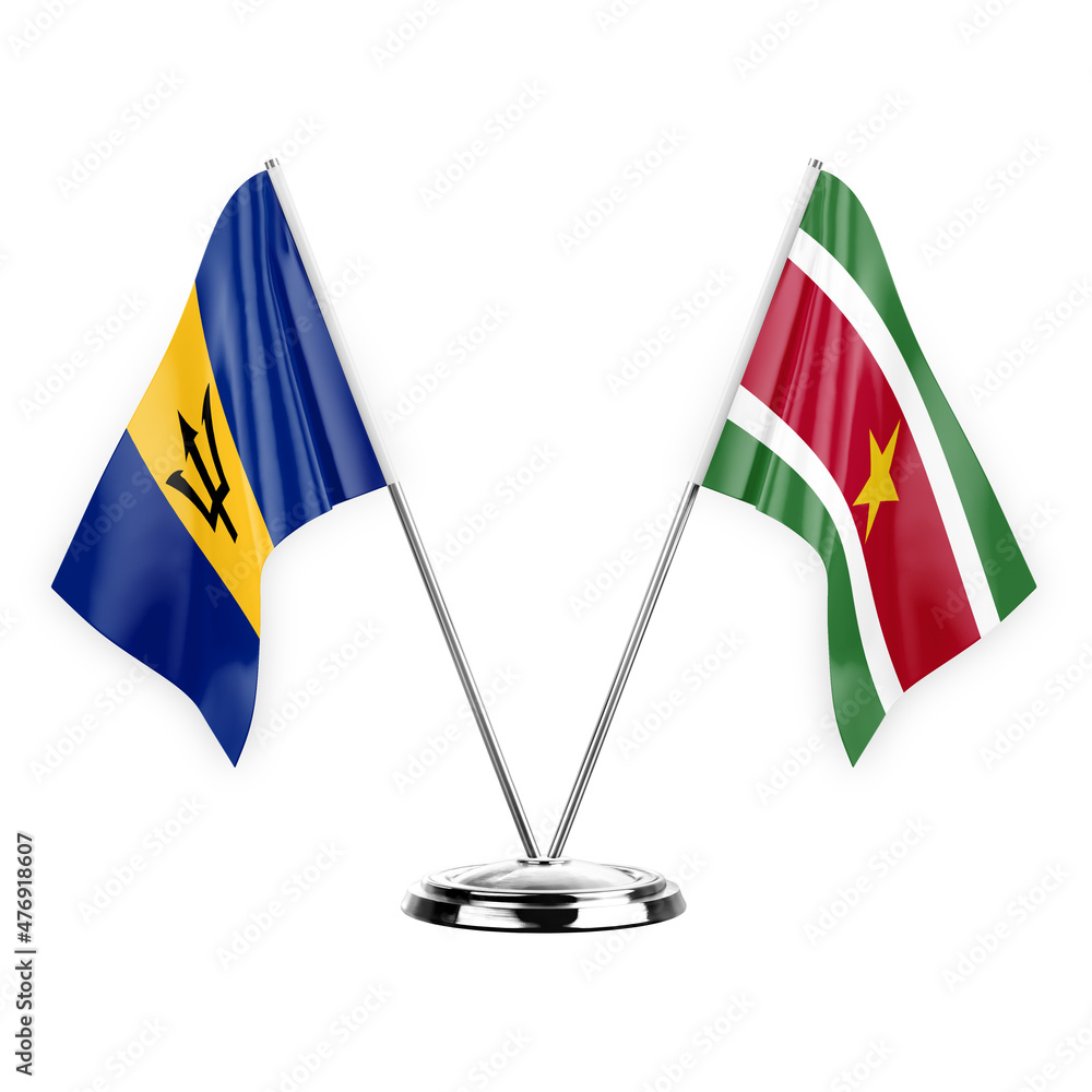 Two table flags isolated on white background 3d illustration, barbados and suriname Two table flags isolated on white background 3d illustration, barbados and suriname