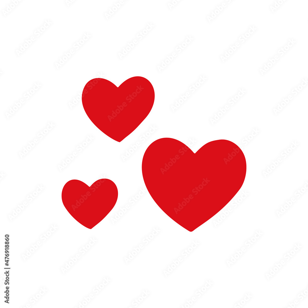 Simple handdrawn illustration of vector red hearts for Valentines day. Symbol of love and passion, romantic decoration for wedding or greeting card. Doodle sketch design element, isolated on white 