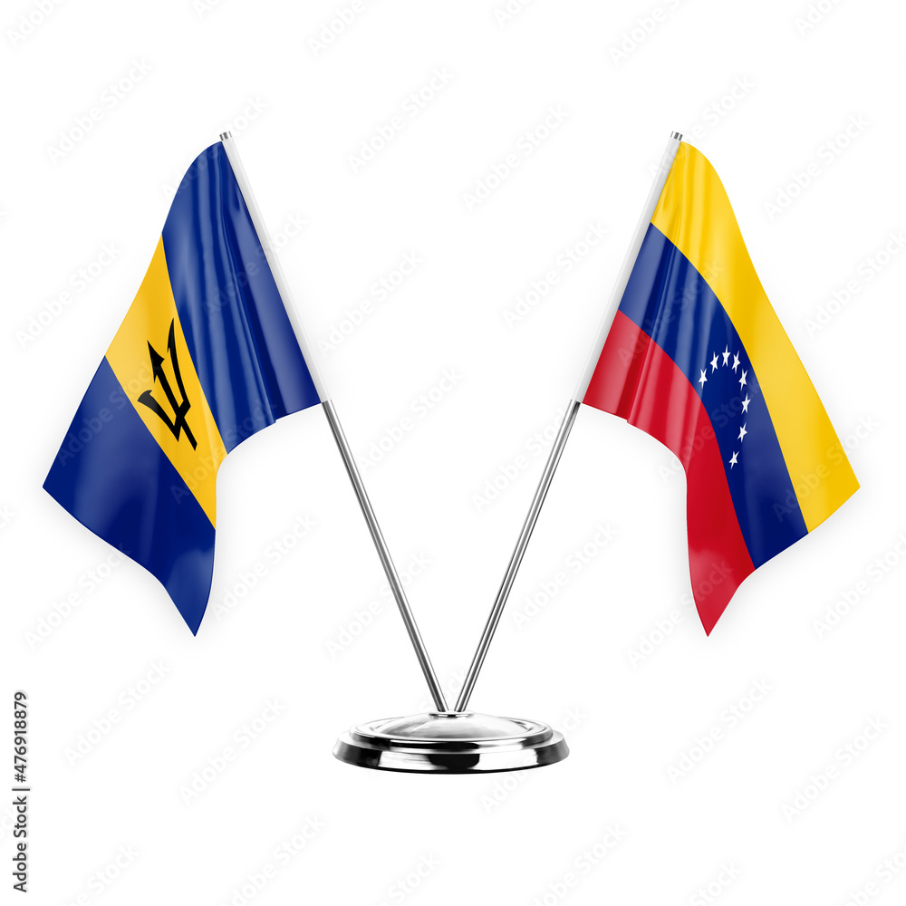 Two table flags isolated on white background 3d illustration, barbados and venezuela Two table flags isolated on white background 3d illustration, barbados and venezuela