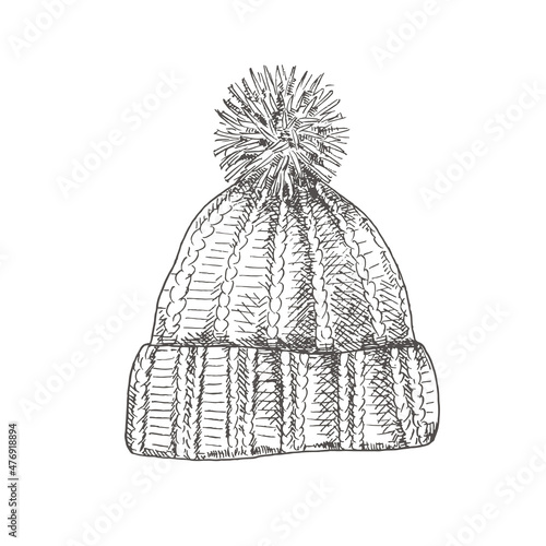 Hand drawn winter knitted hat with pompom. Isolated sketch on white background. Vector illustration.