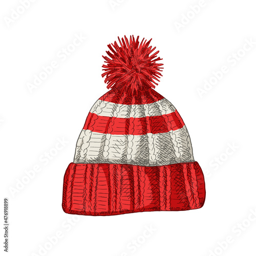 Hand drawn winter knitted hat with pompom. Isolated sketch on white background. Vector illustration.