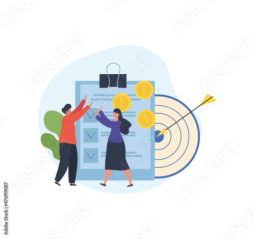 Project closure concept. Man and girl signing document. Employees and colleagues rejoice at accomplishment of assigned task. Workflow, company development, income. Cartoon flat vector illustration photo
