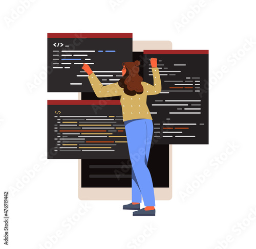 Woman write code. Programmer developing application, website or computer game. Digital technologies and IT. Coworking, hardworking employee, workplace, office work. Cartoon flat vector illustration