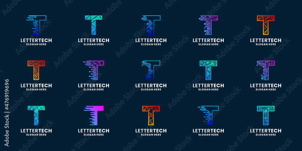 set of modern letter T technology logo design inspiration with gradient color - obrazy, fototapety, plakaty 