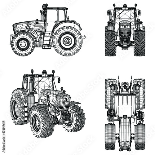 Farm Tractor concept in outline. Machines for the farm work.