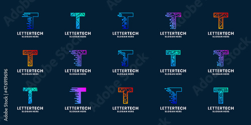 set of modern letter T technology logo design inspiration with gradient color