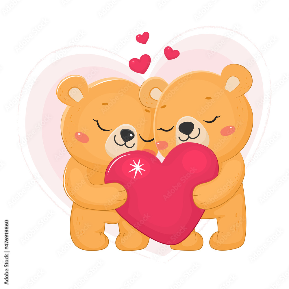 Obraz premium Adorable couple of valentine bears with heart.