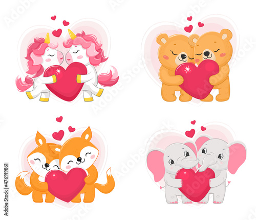 Fototapeta Naklejka Na Ścianę i Meble -  Set of adorable couple of valentine animals with hearts.