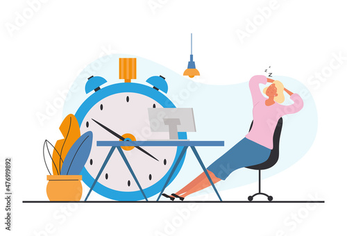Dont want work. Girl sits on background of clock, metaphor of procrastination. Character sits on chair, laying his arms behind head. Ineffective and useless worker. Cartoon flat vector illustration