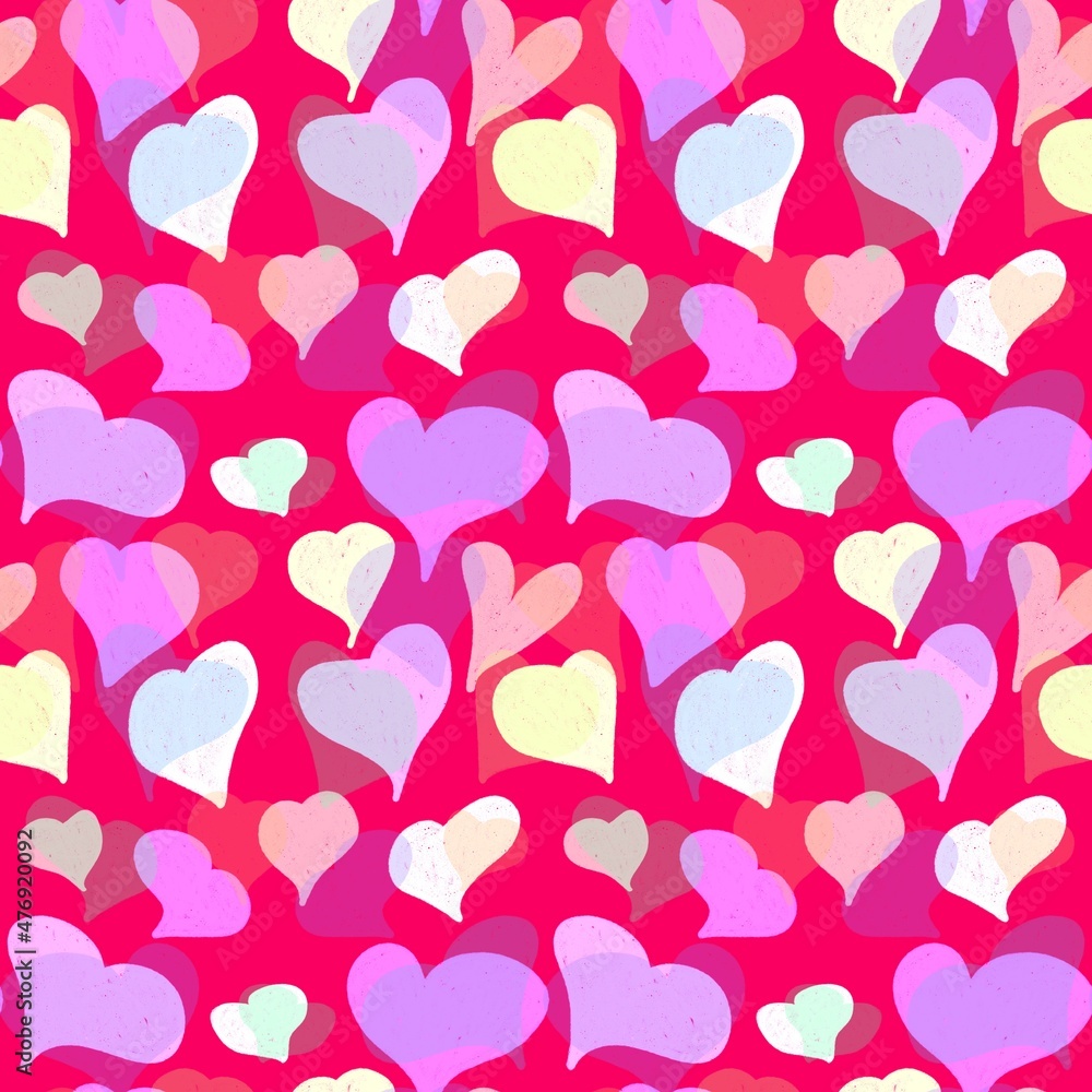 Seamless pattern. Colorful hearts on a red background. Endless background for Valentine's Day, wedding, birthday, holidays.