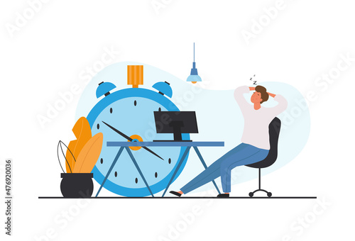 Concept of procrastination. Man delay tasks. Guy sits on background of clock, metaphor of lazy people. Employee in no hurry to meet deadline. Burnout, stress, useless. Cartoon flat vector illustration