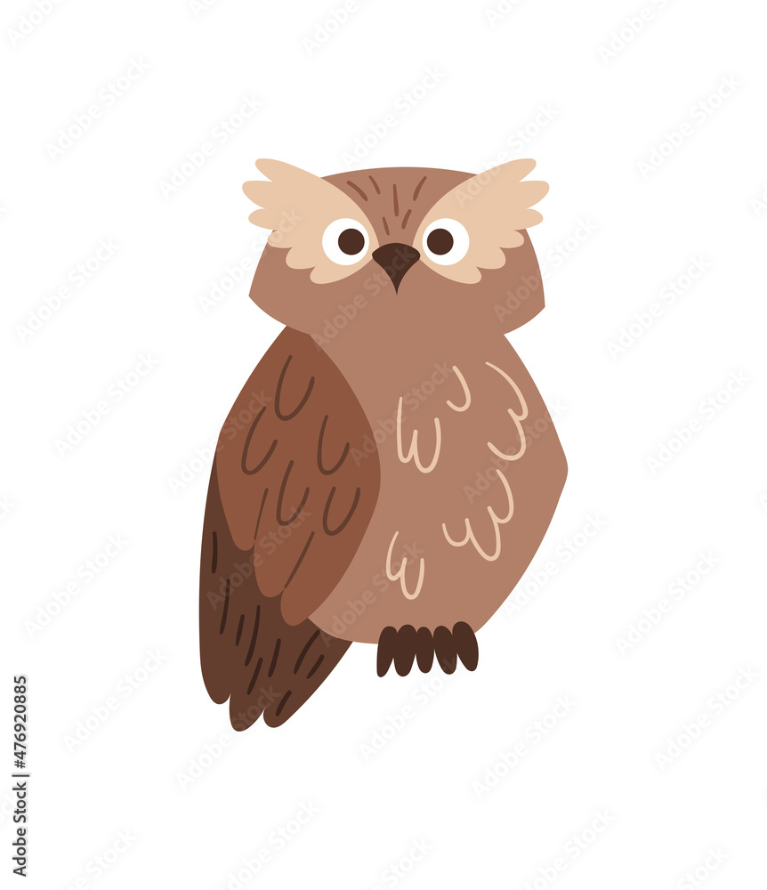 Chubby brown owl. Forest and fauna, adorable birds, night life, wildlife, flying. Characters for childrens, stickers and badges. Cartoon flat vector illustrations isolated on white background