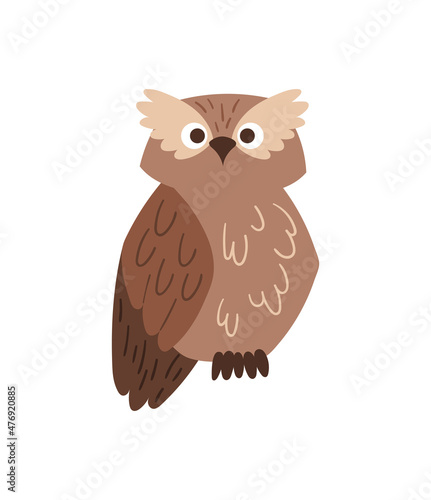 Chubby brown owl. Forest and fauna, adorable birds, night life, wildlife, flying. Characters for childrens, stickers and badges. Cartoon flat vector illustrations isolated on white background