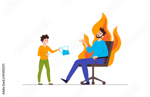 Dad get mad. Man sits on fire in front of boy. Son angered his father. Difficulties of freelance work, remote employee, internet, online and modern technologies. Cartoon flat vector illustration