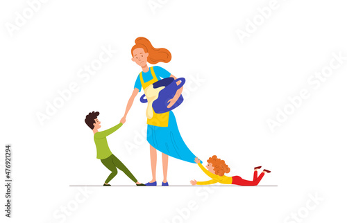 Difficultes of motherhood. Children play with mother. Person very tired. Owner trying to catch everything. Woman preparing dinner and watching children, routine. Cartoon flat vector illustration