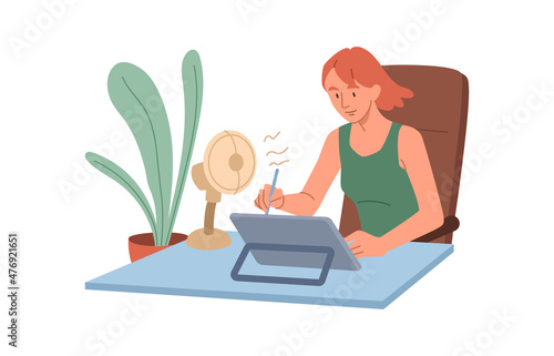 Woman working in heat. Character fills out papers and makes notes on documents. Person took over windmill. Comfortable workplace, office worker, gadget, device. Cartoon flat vector illustration