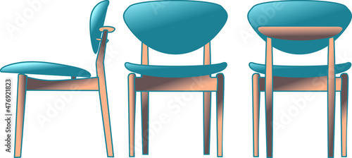 Blue soft wooden chair. Three types: front, back, side. Vector color illustration.