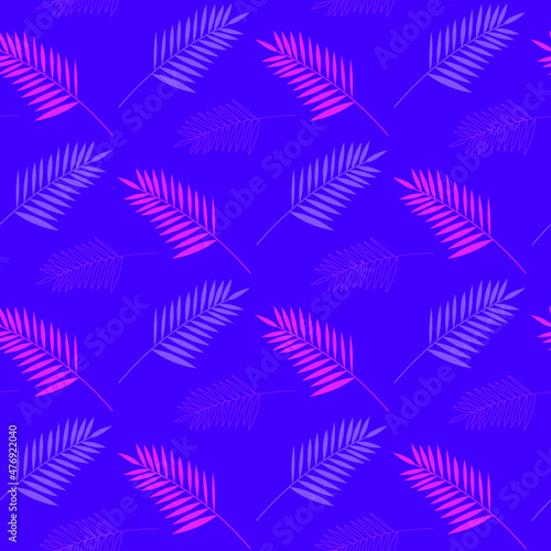 Seamless pattern, pink and purple palm branches on a violet background, flat vector