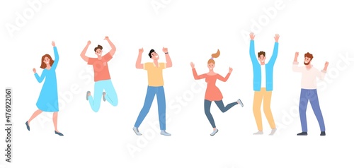 Happy people. People jumping  team is celebrating  friends are having fun. Isolated people on white background