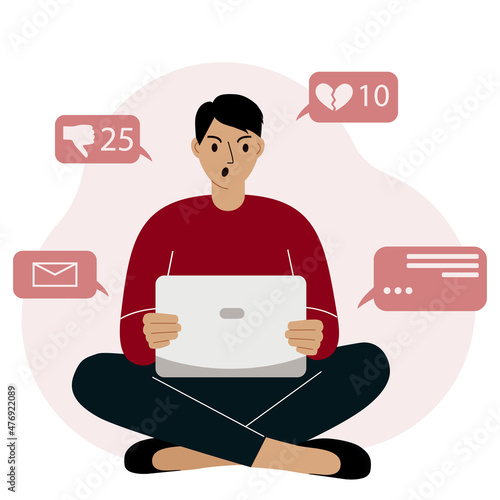 Social media marketing and audience growth. Vector concept illustration of angry man sitting with laptop photo