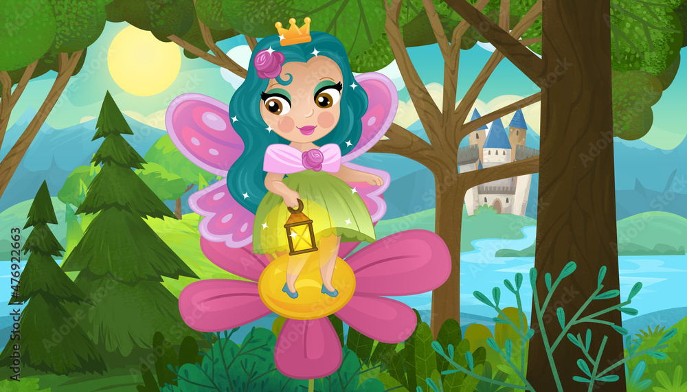 Naklejka premium cartoon scene with nature forest princess and castle