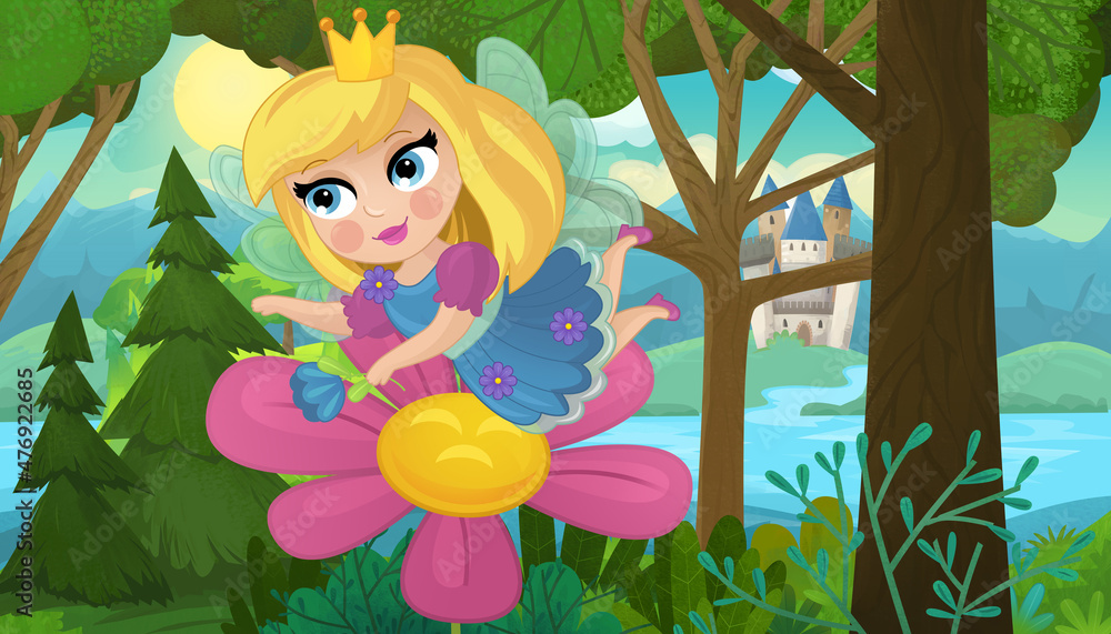 cartoon scene with nature forest princess and castle cartoon scene with nature forest princess and castle