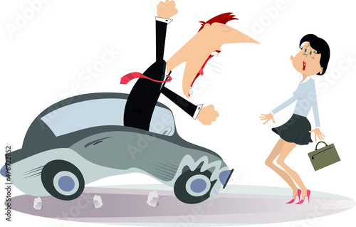 Road accident, driver man, pedestrian illustration. 
Angry driver man swings his fists and cries to the confused pedestrian woman with a bag isolated on white
