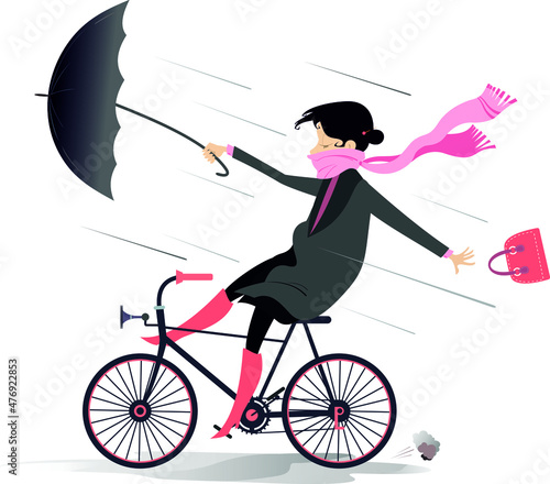 Rainy and windy day and woman rides a bike illustration. Young woman with an umbrella rides a bike under the strong wind and rain isolated on white
