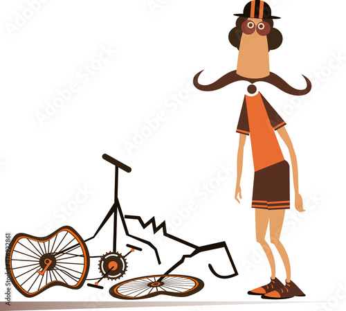 Cyclist and a broken bike isolated illustration. 
Sad long mustache man standing near a broken bike with downcast hands isolated on white background
