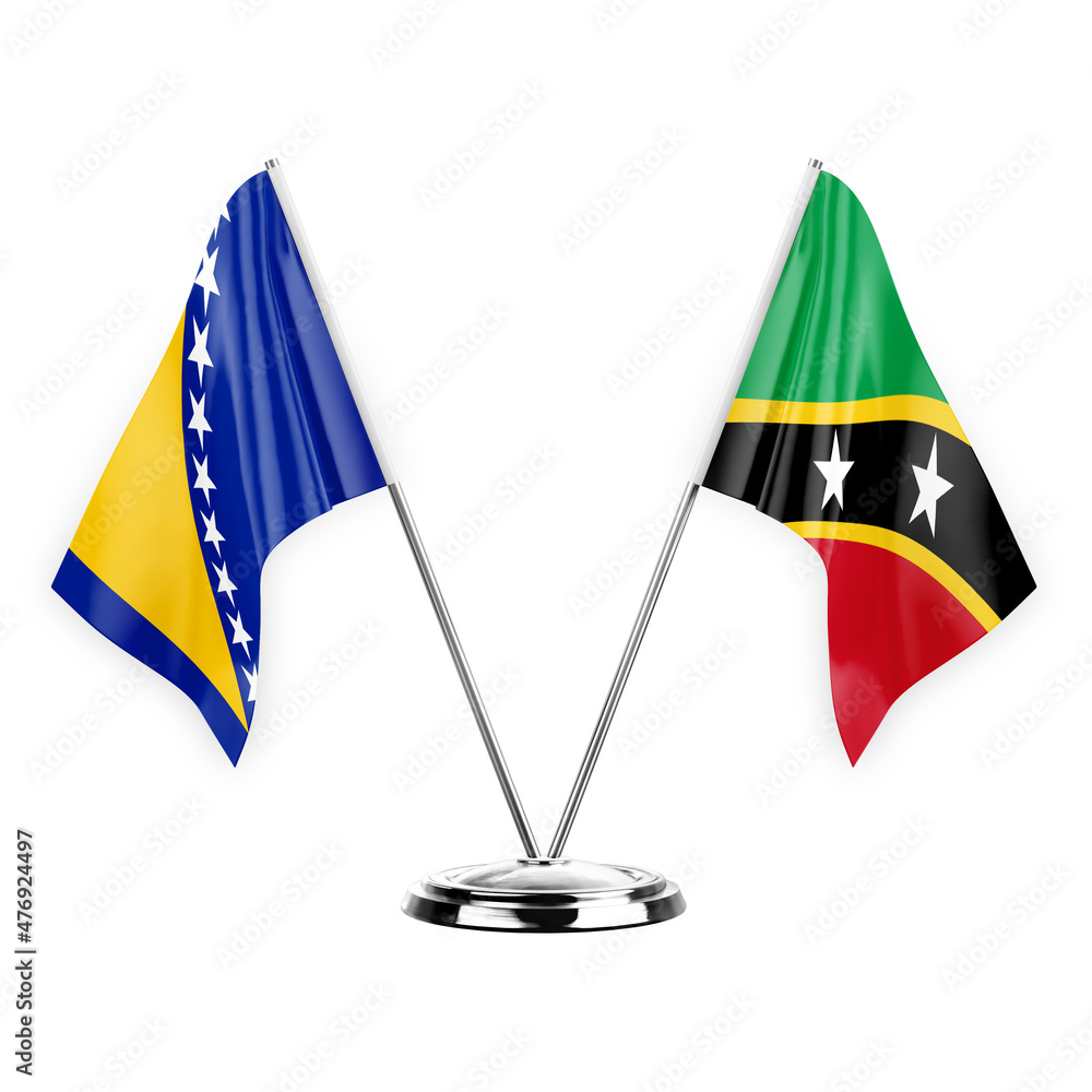 Two table flags isolated on white background 3d illustration, bosnia and saint kitts and venis Two table flags isolated on white background 3d illustration, bosnia and saint kitts and venis